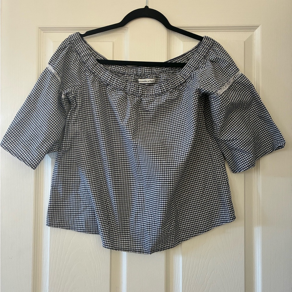 Abercrombie & Fitch Black and White Checkered Off-Shoulder Shirt